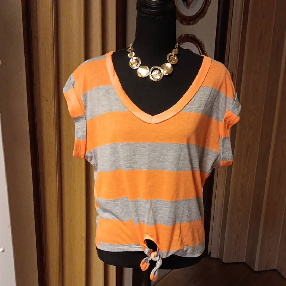 Pretty Rebellious Orange and Gray Striped Women's Tee